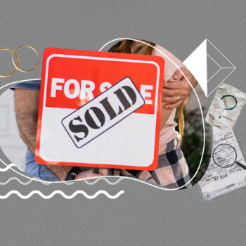 A couple holds a red “For Sale” sign with a “Sold” sticker in front of them, symbolizing a home purchase. The image includes wedding rings, a magnifying glass over a legal certificate, and a paper with a question mark, representing life changes, legal documentation, and decisions after marriage or divorce. The design has a gray background with abstract white lines and geometric shapes.