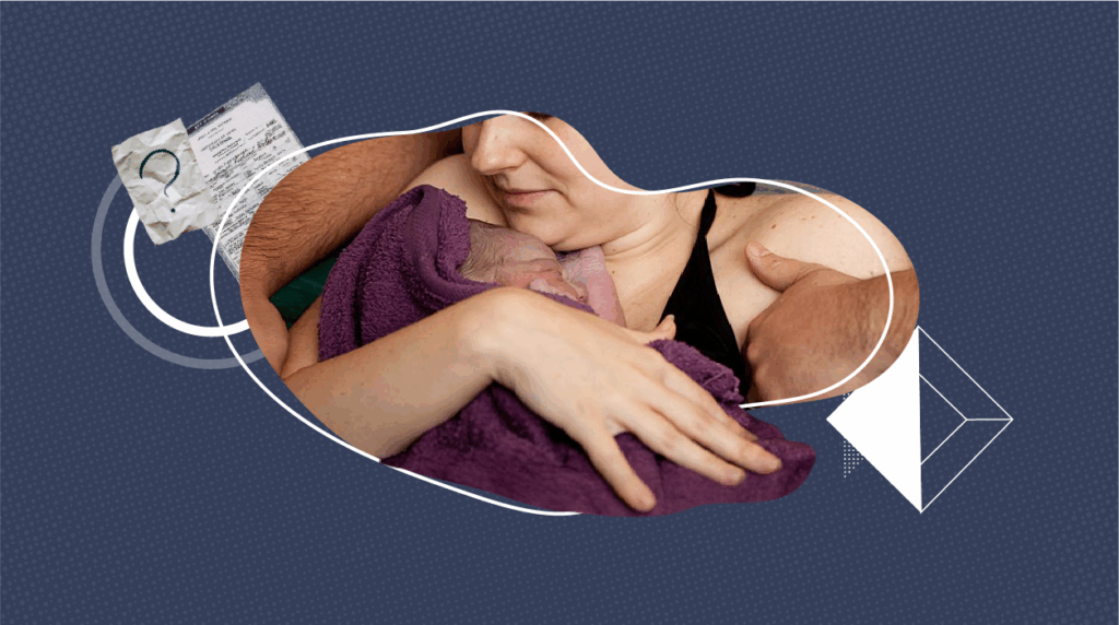 A mother holds a newborn baby wrapped in a purple towel against her chest, with an adult arm supporting them. The scene is framed by abstract white shapes on a dark patterned background, with a small birth certificate graphic placed to the left.