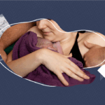 A mother holds a newborn baby wrapped in a purple towel against her chest, with an adult arm supporting them. The scene is framed by abstract white shapes on a dark patterned background, with a small birth certificate graphic placed to the left.