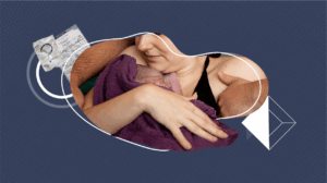 A mother holds a newborn baby wrapped in a purple towel against her chest, with an adult arm supporting them. The scene is framed by abstract white shapes on a dark patterned background, with a small birth certificate graphic placed to the left.