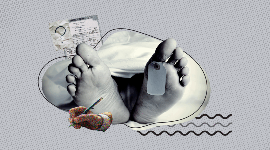 A close-up view of a deceased person's feet covered by a white sheet, with an identification tag attached to one toe. Behind the feet, there is a death certificate and medical bracelet. An illustrated hand holding a pen appears in the foreground, symbolizing documentation. The background is a gray dotted pattern with abstract lines and shapes.
