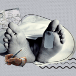 A close-up view of a deceased person's feet covered by a white sheet, with an identification tag attached to one toe. Behind the feet, there is a death certificate and medical bracelet. An illustrated hand holding a pen appears in the foreground, symbolizing documentation. The background is a gray dotted pattern with abstract lines and shapes.