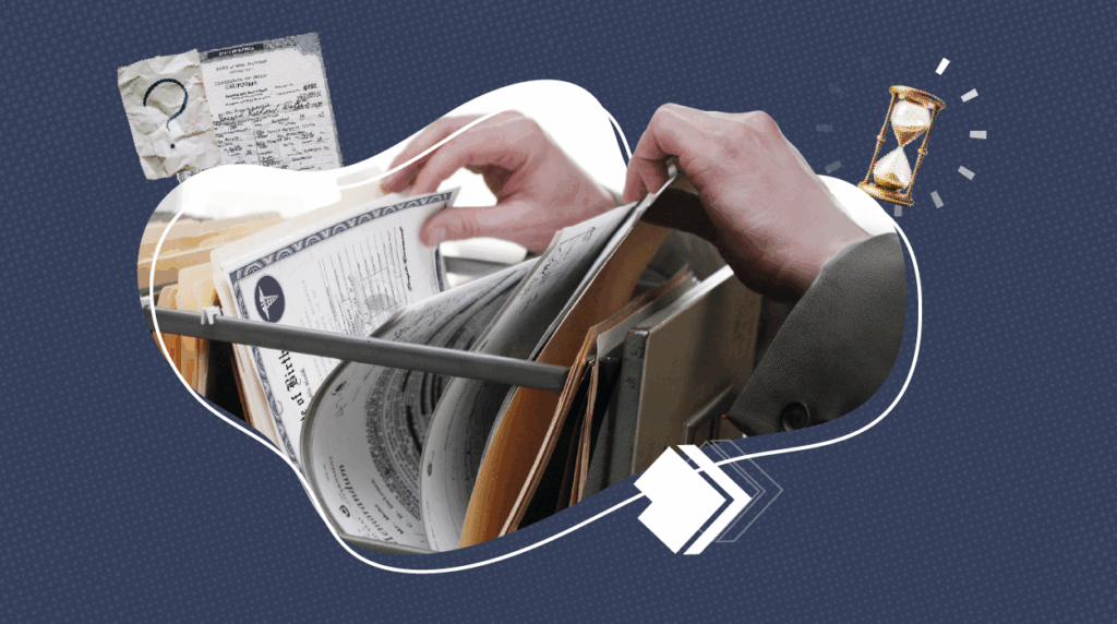 A person’s hands flipping through hanging file folders filled with official documents and certificates. The background features a blue pattern with a stylized hourglass icon and abstract white and blue graphic shapes, symbolizing time and document processing.