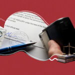 Close-up of a notary document with a visible notary seal, a blue pen resting on the paper, and a hand pressing a notary stamp. The scene is framed by abstract shapes on a red patterned background, with small graphics including a question mark on crumpled paper and a justice scale.
