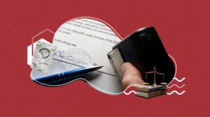 Close-up of a notary document with a visible notary seal, a blue pen resting on the paper, and a hand pressing a notary stamp. The scene is framed by abstract shapes on a red patterned background, with small graphics including a question mark on crumpled paper and a justice scale.