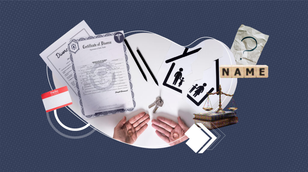 A collage showing divorce-related elements: a divorce certificate placed over legal documents, two wedding rings lying on open hands, torn paper illustrations of a family being separated, a set of house keys, a blank name tag, a question mark on a crumpled paper, wooden tiles spelling the word 'NAME,' and a small justice scale. All items are arranged on a white background framed by abstract shapes over a dark patterned backdrop.