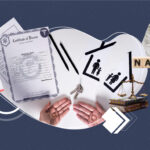 A collage showing divorce-related elements: a divorce certificate placed over legal documents, two wedding rings lying on open hands, torn paper illustrations of a family being separated, a set of house keys, a blank name tag, a question mark on a crumpled paper, wooden tiles spelling the word 'NAME,' and a small justice scale. All items are arranged on a white background framed by abstract shapes over a dark patterned backdrop.