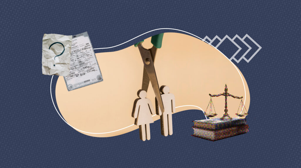 A mother holds a newborn baby wrapped in a purple towel against her chest, with an adult arm supporting them. The scene is framed by abstract white shapes on a dark patterned background, with a small birth certificate graphic placed to the left.