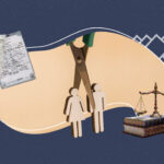 A mother holds a newborn baby wrapped in a purple towel against her chest, with an adult arm supporting them. The scene is framed by abstract white shapes on a dark patterned background, with a small birth certificate graphic placed to the left.