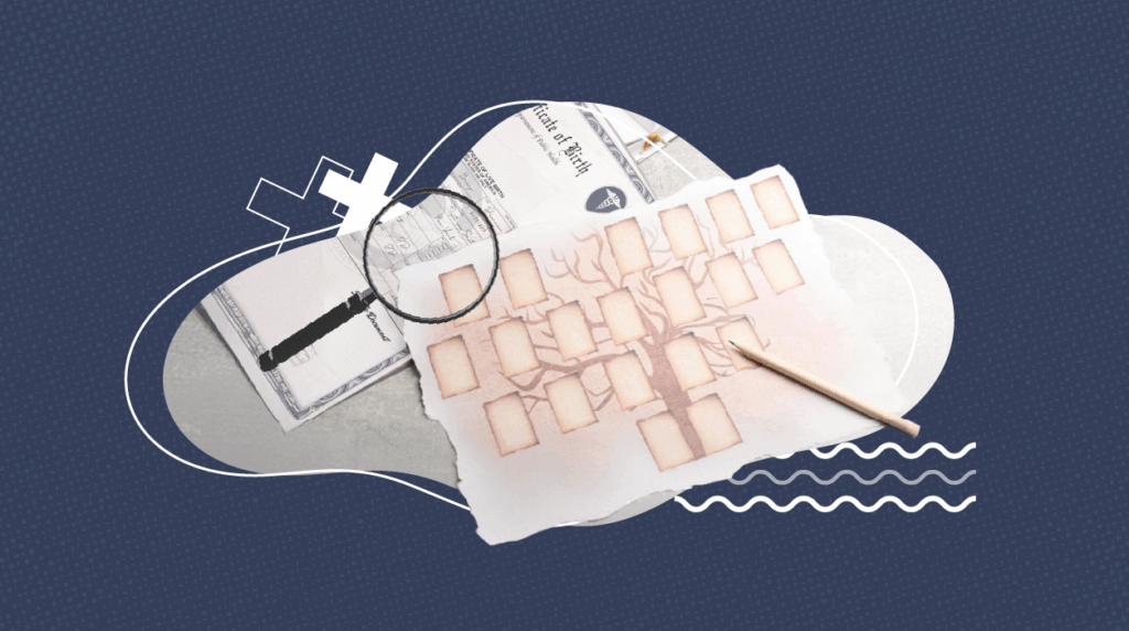 Torn paper with a blank family tree chart and pencil placed over a birth certificate and magnifying glass, symbolizing genealogy research. The background features blue tones and abstract graphic shapes, representing exploration of ancestry and vital records access.