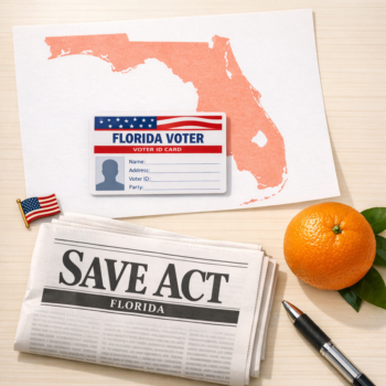 Florida voter ID card, Florida state outline, and SAVE Act document illustrating new voter citizenship proof requirements under HB 991