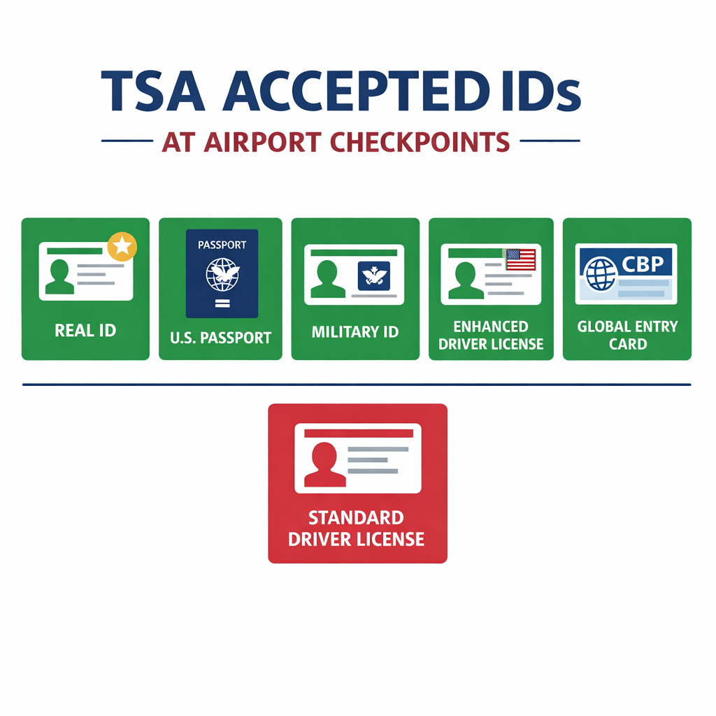 Infographic showing accepted forms of ID at TSA airport security checkpoints including REAL ID, passport, military ID, and enhanced driver license