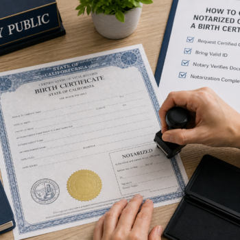 Birth certificate being notarized by a notary public on a professional office desk, with an official notary stamp, certification seal, and document verification paperwork.