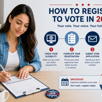 Person completing a voter registration application at a desk while an infographic explains how to register to vote in 2026. The image highlights key registration steps, including checking eligibility, completing a registration form, submitting the application, and confirming registration status, with patriotic U.S. election-themed graphics and reminders about voter registration deadlines.