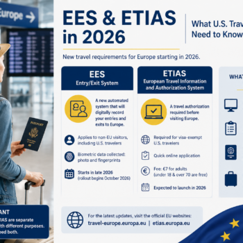 U.S. traveler holding a passport at a European airport while an infographic explains the EES (Entry/Exit System) and ETIAS travel authorization requirements coming in 2026. The graphic outlines key differences between the two systems, biometric screening requirements, travel authorization steps, and important preparation tips for American travelers visiting Europe.