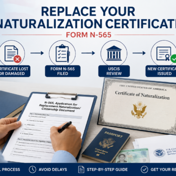 Person completing Form N-565 to replace a Certificate of Naturalization while an infographic illustrates the USCIS replacement process, from a lost or damaged certificate through application review and issuance of a new naturalization certificate.