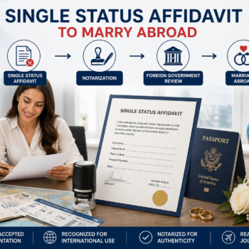 Couple reviewing a Single Status Affidavit, passport, and international travel documents while an infographic illustrates the process of obtaining legal documentation to marry abroad, including notarization, foreign government review, and marriage registration in another country.