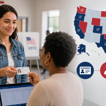 Voter presenting a photo ID at a polling station while an election worker verifies identification. A U.S. map highlights state voting requirements, with icons illustrating the voter ID verification and ballot submission process.