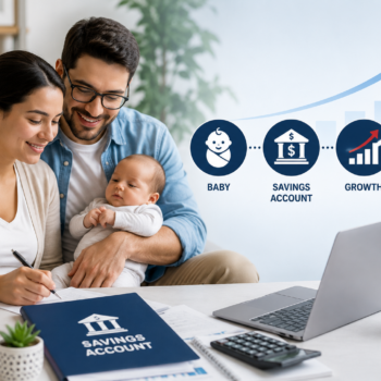 Parents reviewing financial documents while holding their newborn baby, with graphics illustrating a baby savings account, long-term investment growth, and future opportunities such as education and homeownership.