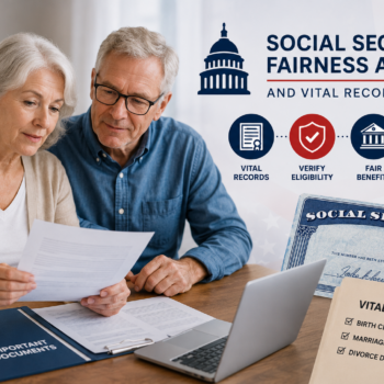 Older couple reviewing important documents at a table while an infographic explains the Social Security Fairness Act and its connection to vital records. The graphic highlights birth certificates, marriage certificates, divorce records, eligibility verification, and Social Security benefits, illustrating how official records help support benefit claims and identity verification.
