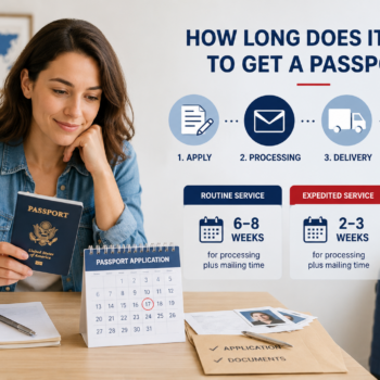 Woman reviewing a U.S. passport and application documents at a desk while an infographic explains passport processing timelines. The image compares routine and expedited passport service, showing application, processing, delivery, and passport issuance steps, with estimated wait times and travel-related visuals.