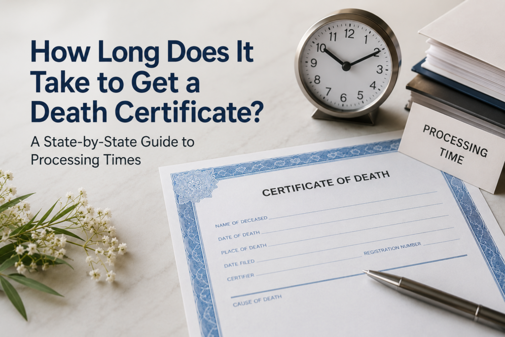 Death certificate application form with a clock, paperwork, and processing documents illustrating state-by-state death certificate processing times.