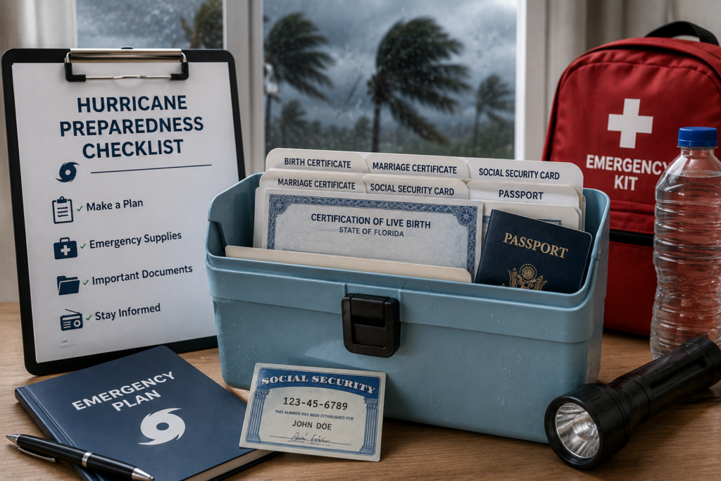 Emergency preparedness kit with vital records, including a birth certificate, passport, Social Security card, and other important documents stored in a waterproof container beside a first aid kit and flashlight, with a hurricane visible through the window in the background.