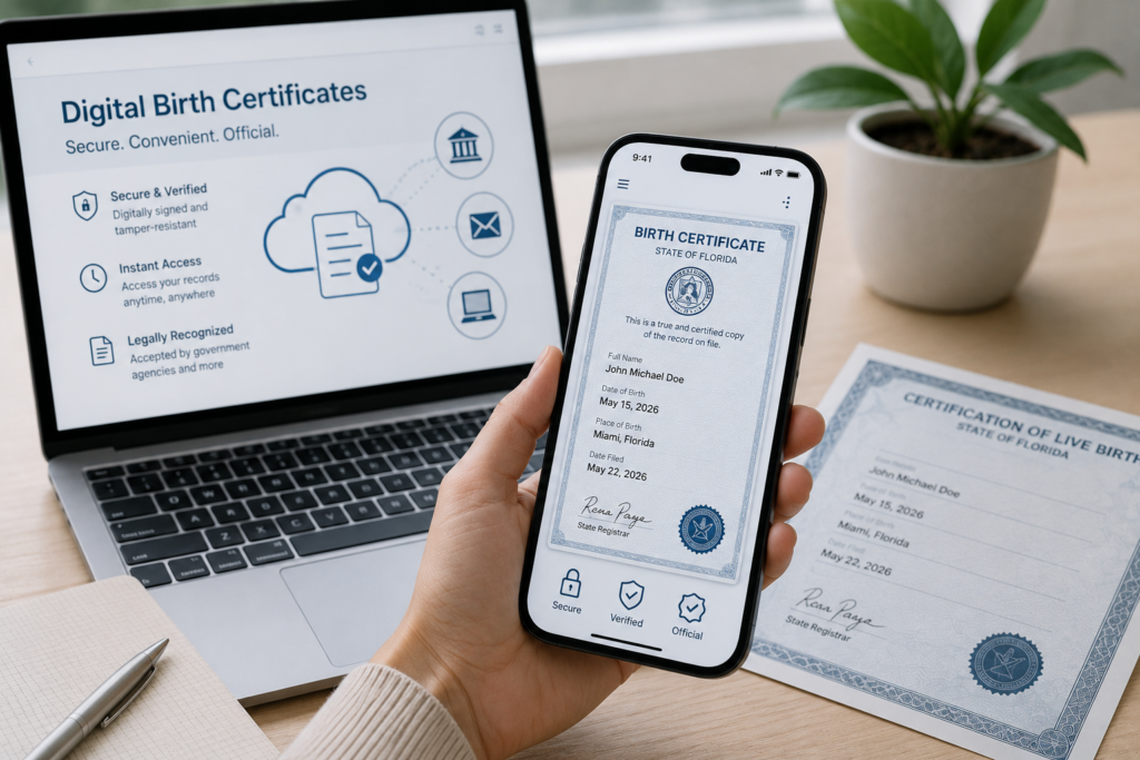 Hand holding a smartphone displaying a digital birth certificate beside a laptop and a printed birth certificate on a clean desk, illustrating secure digital access, verification, and electronic storage of official birth records.