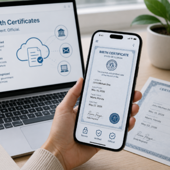 Hand holding a smartphone displaying a digital birth certificate beside a laptop and a printed birth certificate on a clean desk, illustrating secure digital access, verification, and electronic storage of official birth records.