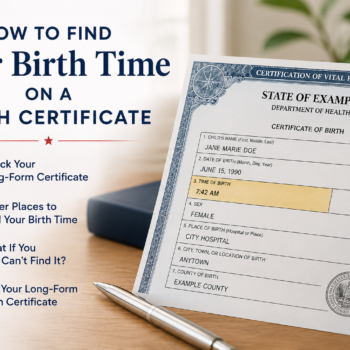 Illustration showing how to find your birth time on a long-form birth certificate, with a highlighted time of birth field, checklist of alternative sources, and a clock representing birth time records.
