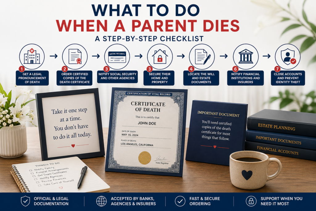Infographic illustrating what to do when a parent dies, featuring a step-by-step checklist from obtaining a legal pronouncement of death and certified death certificates to notifying agencies, settling the estate, and preventing identity theft.