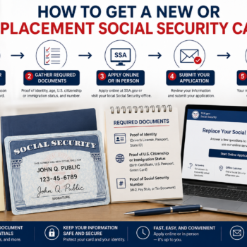 Infographic explaining how to get a new or replacement Social Security card, outlining eligibility requirements, required documents, application methods, and the process for receiving a replacement card from the Social Security Administration.