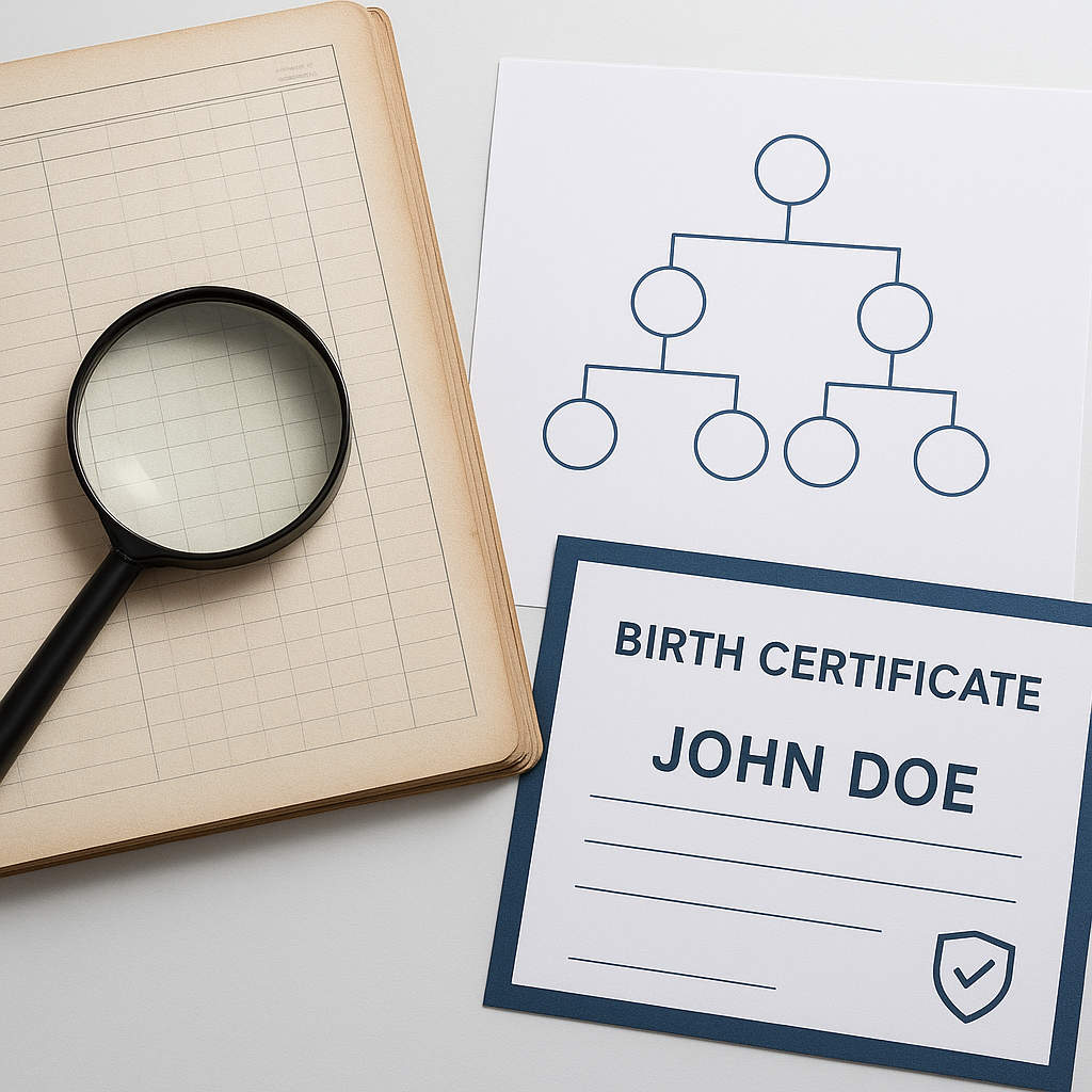 Aged blank ledger pages, a magnifying glass, a hand-drawn family tree, and a placeholder John Doe birth certificate arranged on a bright desk