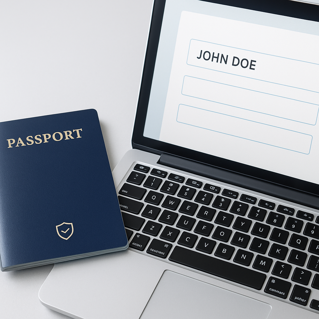 A generic navy U.S. passport book resting beside a laptop displaying an online renewal form with a placeholder name