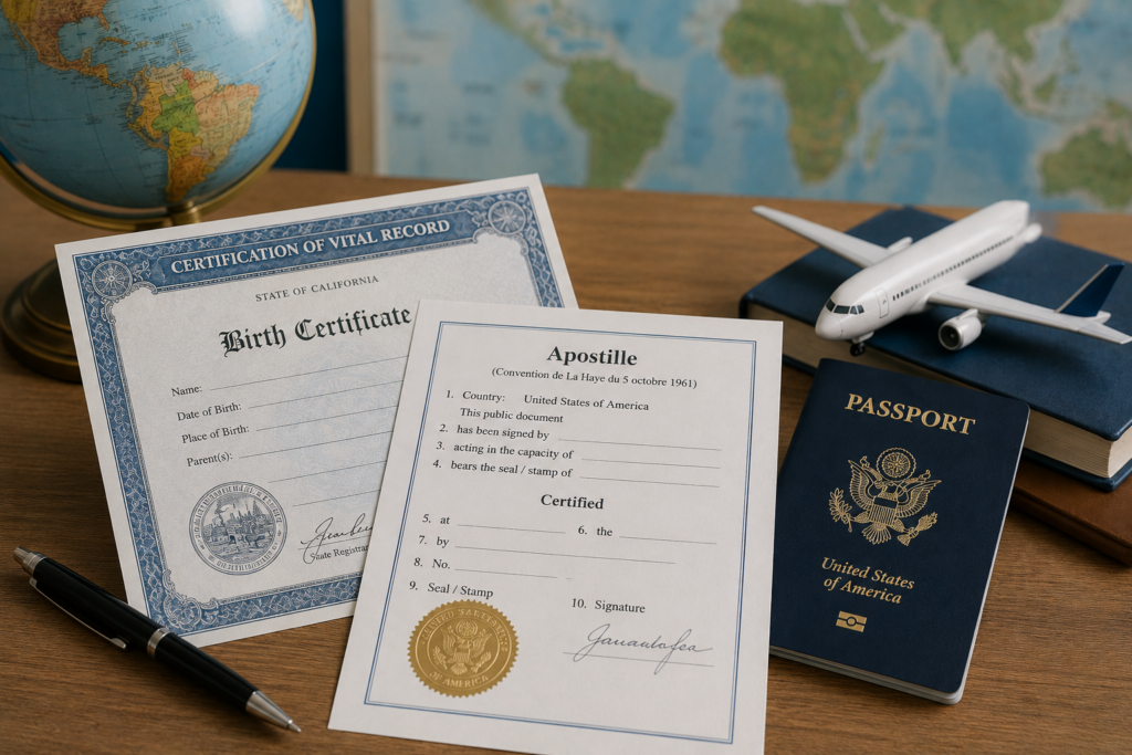 U.S. birth certificate with an apostille, passport, globe, and airplane representing the authentication of American vital records for use abroad.