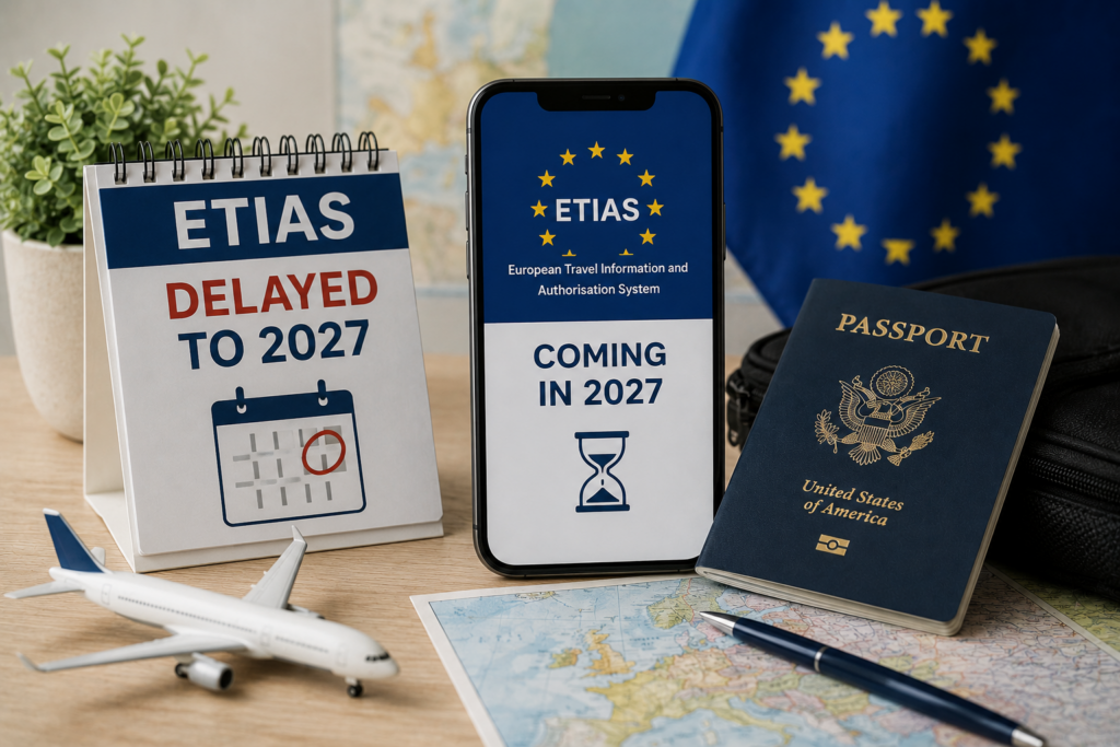 ETIAS delayed to 2027 for U.S. travelers, shown with a U.S. passport, European Union flag, smartphone, airplane, and map of Europe.