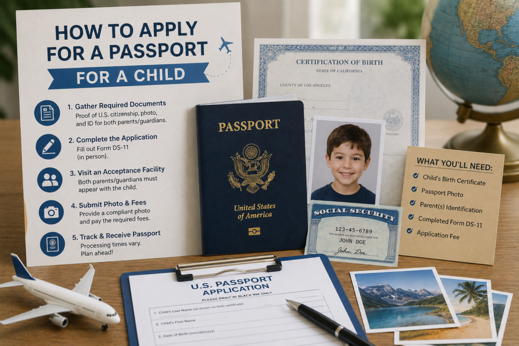 Child passport application guide featuring a U.S. passport, birth certificate, passport photo, application form, and required documents for applying for a child’s passport.