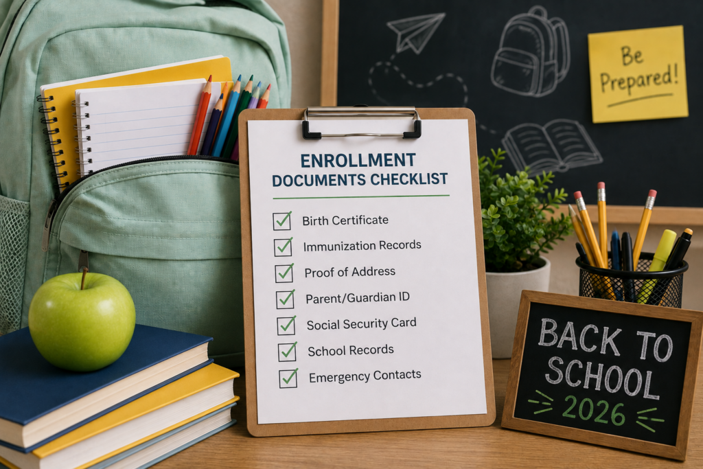 Back-to-school 2026 enrollment documents checklist featuring a birth certificate, immunization records, proof of address, parent ID, Social Security card, and school records alongside a backpack and school supplies.